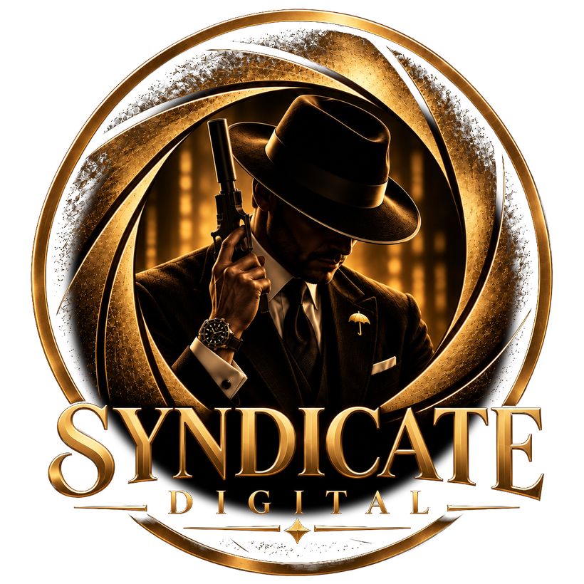 Syndicate Digital emblem: the fedora figure inside the gold aperture ring above the Syndicate Digital wordmark